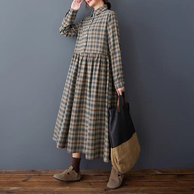 Flannel Shirt Lined - Vestido Camisa Xadrez Retrô Coreano Solto